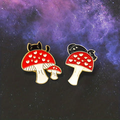 Cat Red Heart Mushroom Brooch