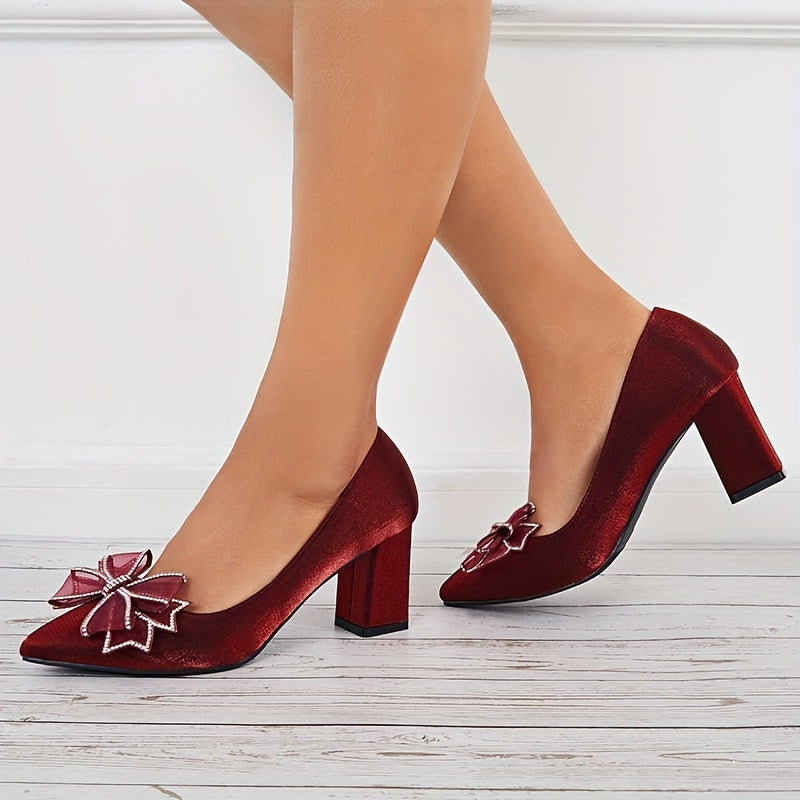 Women's Bowknot High Heels Pointed Toe Velvet Slip On Chunky Heels Wedding Pumps