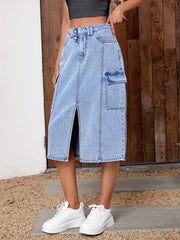 Cargo Denim Skirt with Split Flap Pocket