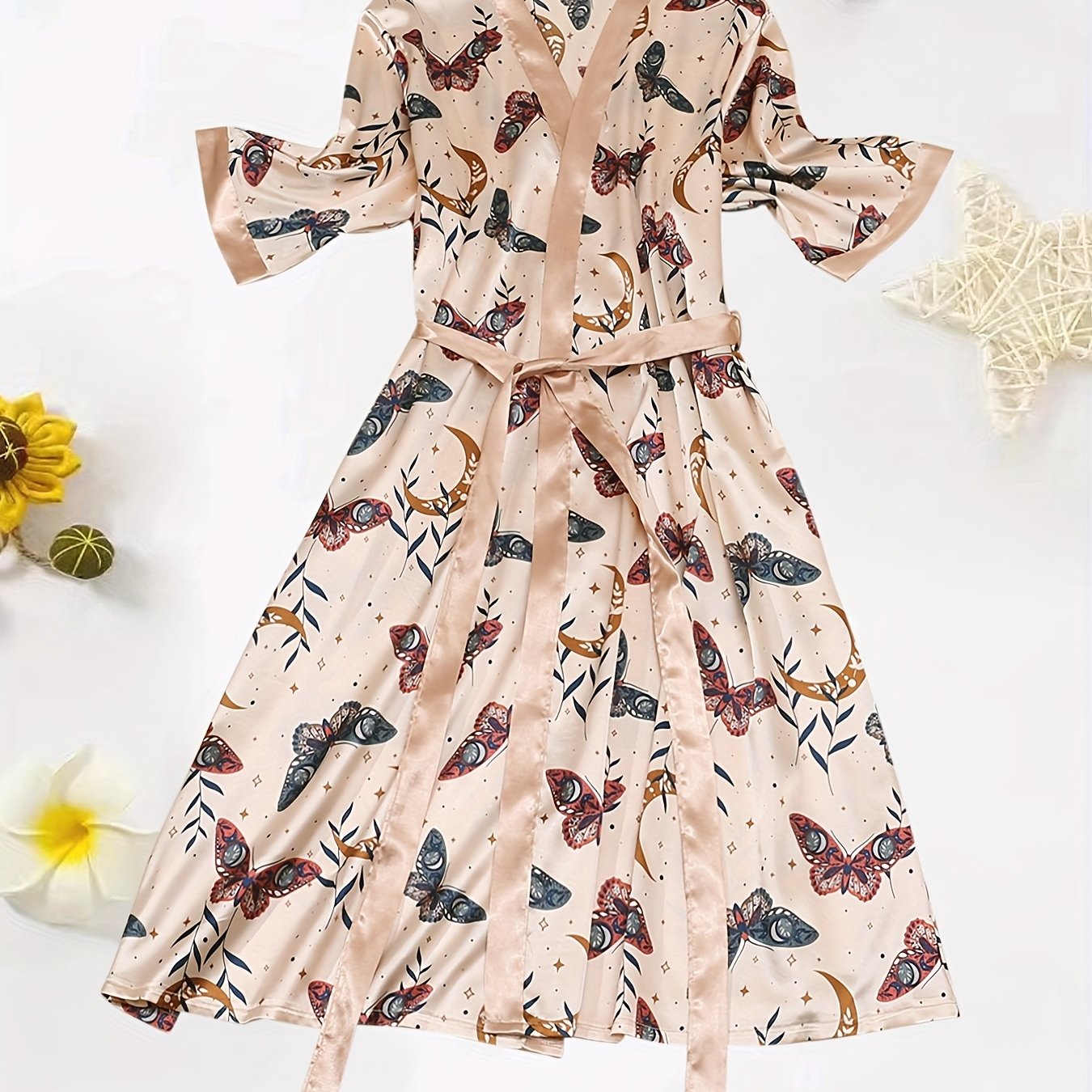  Satin Butterfly Print Long Sleeve Sleepwear Robe