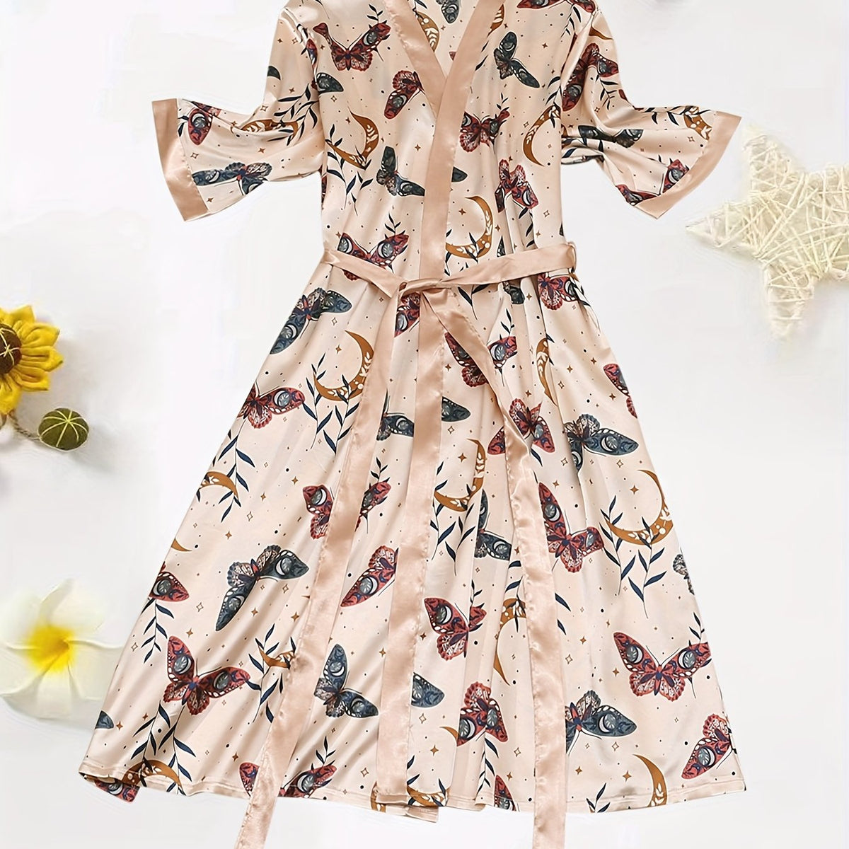  Satin Butterfly Print Long Sleeve Sleepwear Robe