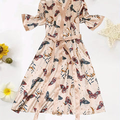  Satin Butterfly Print Long Sleeve Sleepwear Robe
