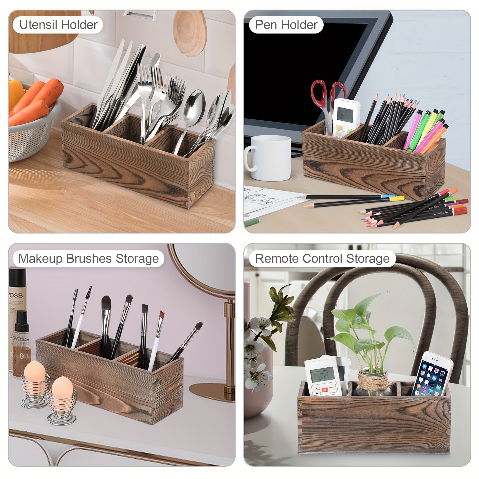 Wooden Cutlery Box with 3 Grids for Utensil Organization