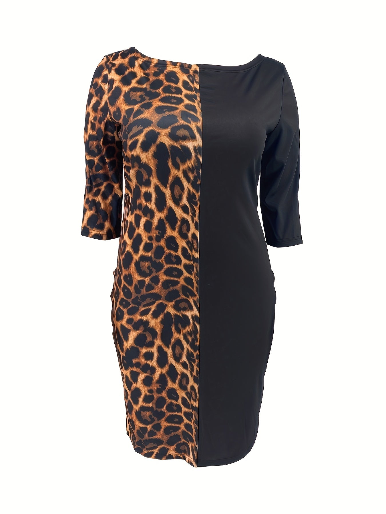  Casual Dress Women's Plus Colorblock Leopard Print Long Sleeve