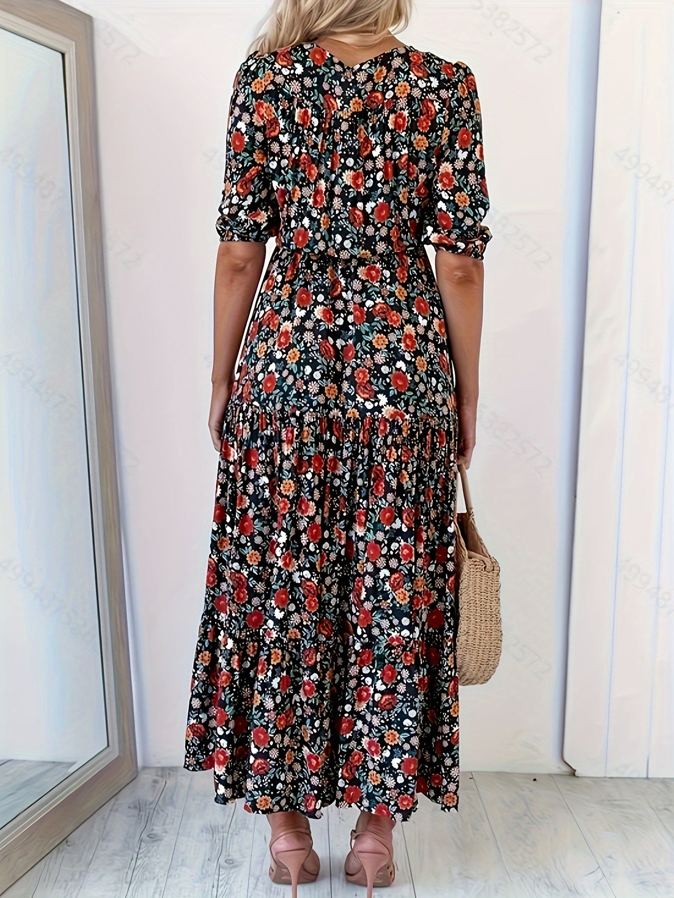  Floral Print Long Sleeve V Neck Maxi Dress