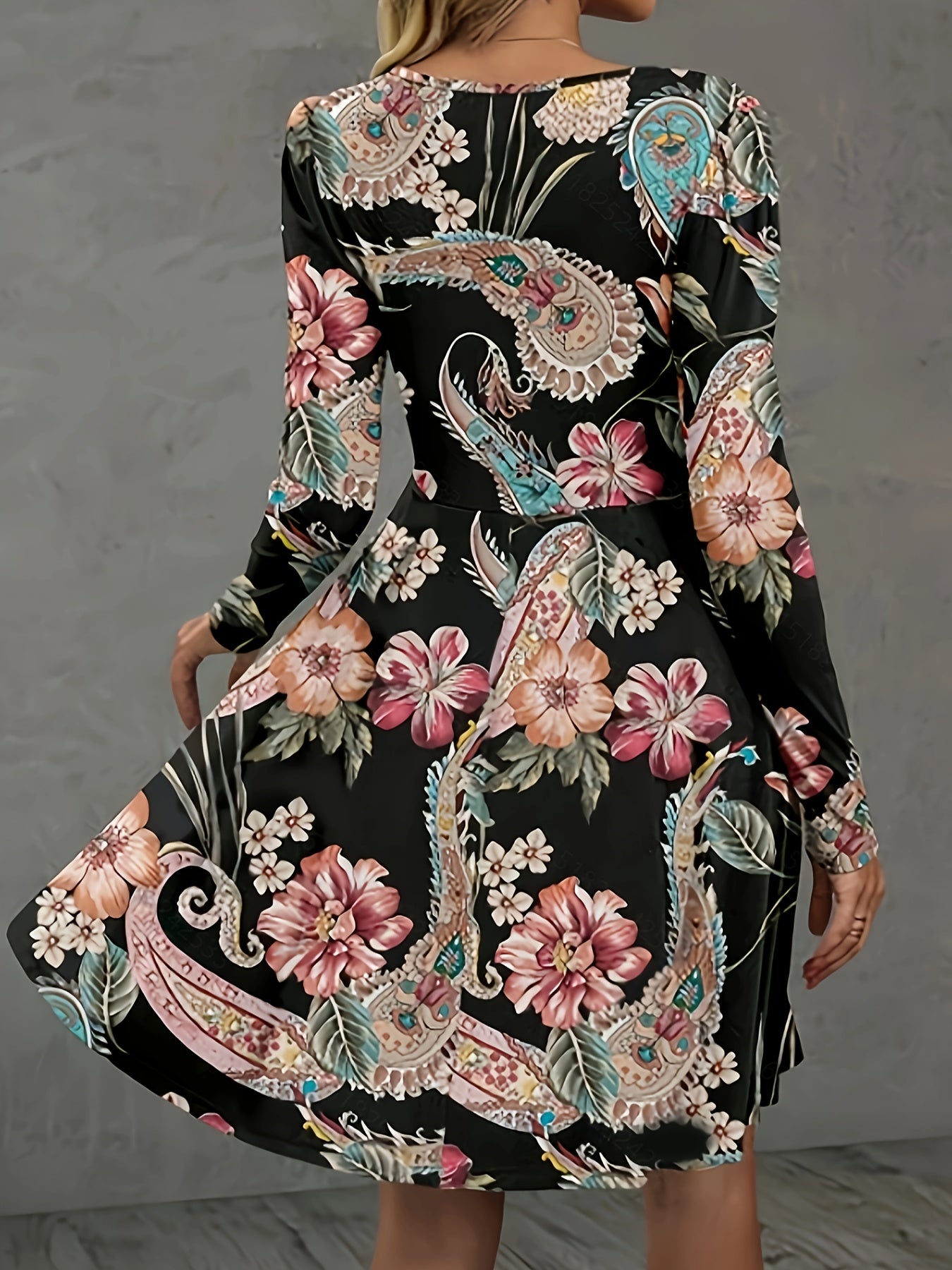  Boho Dress Women's Plus Paisley Floral Print Long Sleeve Round Neck A