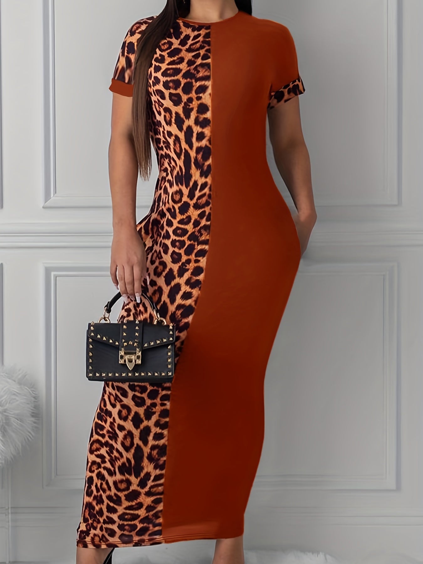  Colorblock Leopard Print Maxi Dress With Pockets