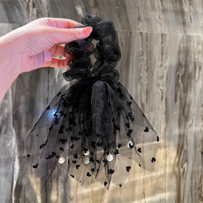 Heart Shape Pattern Hair Tie Small Faux Pearl Hair Tassel Mesh Large Scrunchie
