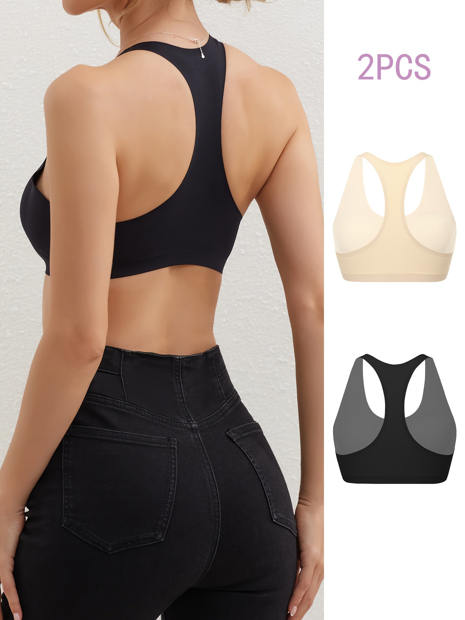 2 Seamless Solid Sports Bras Comfy & Breathable Running Workout Bra