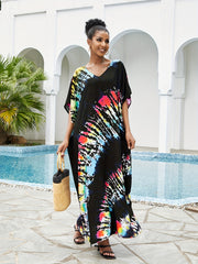  Boho Cover Up V Neck Bat Sleeve Split Dress