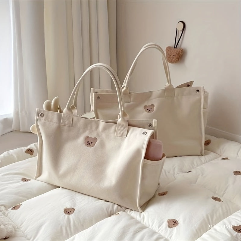 Large Capacity Bear Print Canvas Tote Bag Lightweight Shoulder Bag