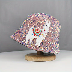 Alpaca Embroidery Sequin Bucket Hat Glitter Fisherman Cap