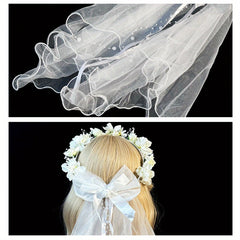 Short Wedding Veil with Floral Headband Sheer Lace Bridal Veil Flowers & Bow