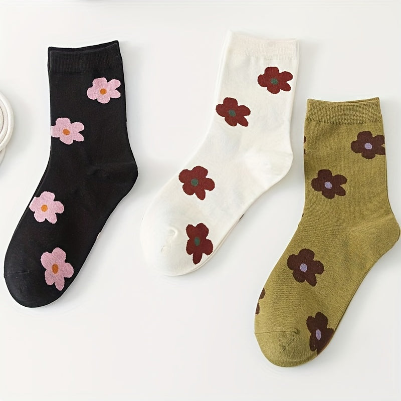 3 Pairs Floral Print Socks Comfy & Breathable Women's Mid Tube Stockings