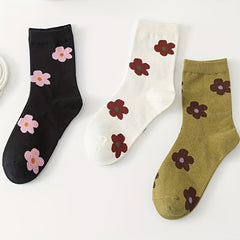 3 Pairs Floral Print Socks Comfy & Breathable Women's Mid Tube Stockings