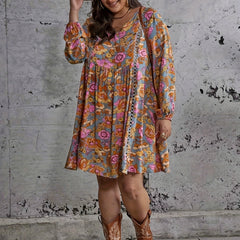 Plus Size Floral Lantern Sleeve Boho Dress