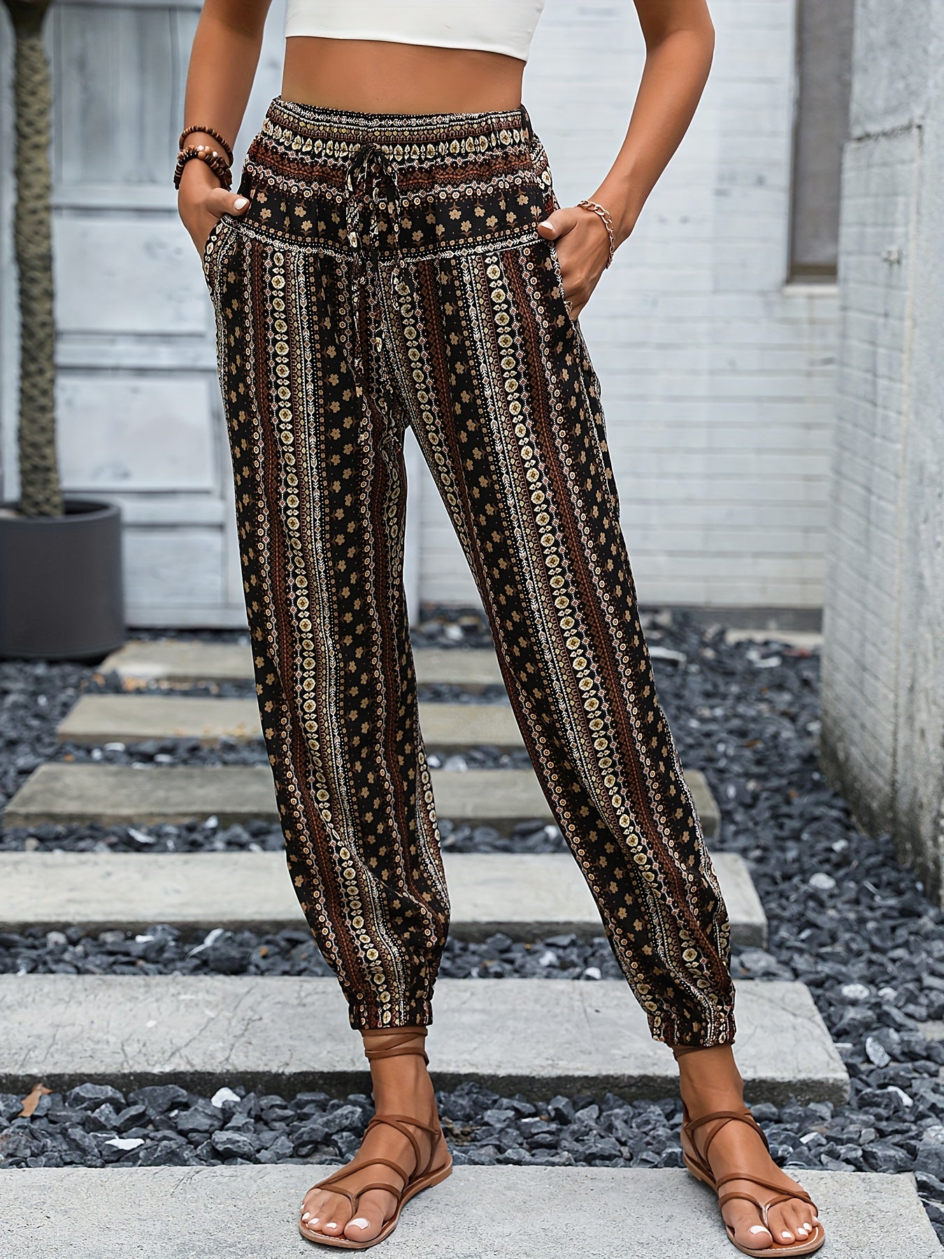 Tribal Print Drawstring Pants Boho Elastic Waist Pants