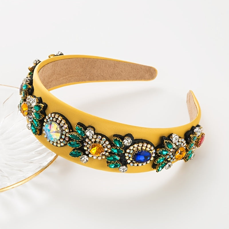 Vintage Velvet Wide Headband with Crystal Beads Flower Hair Hoop