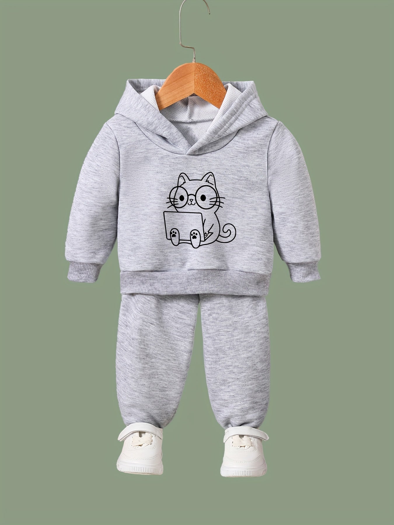 Kid's 2pcs Cat & Computer Print Outfit Hoodie & Pants Set
