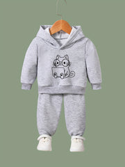 Kid's 2pcs Cat & Computer Print Outfit Hoodie & Pants Set