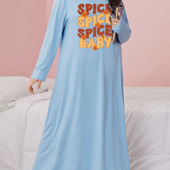  Maple Leaf & Letter Print Long Sleeve Sleep Dress