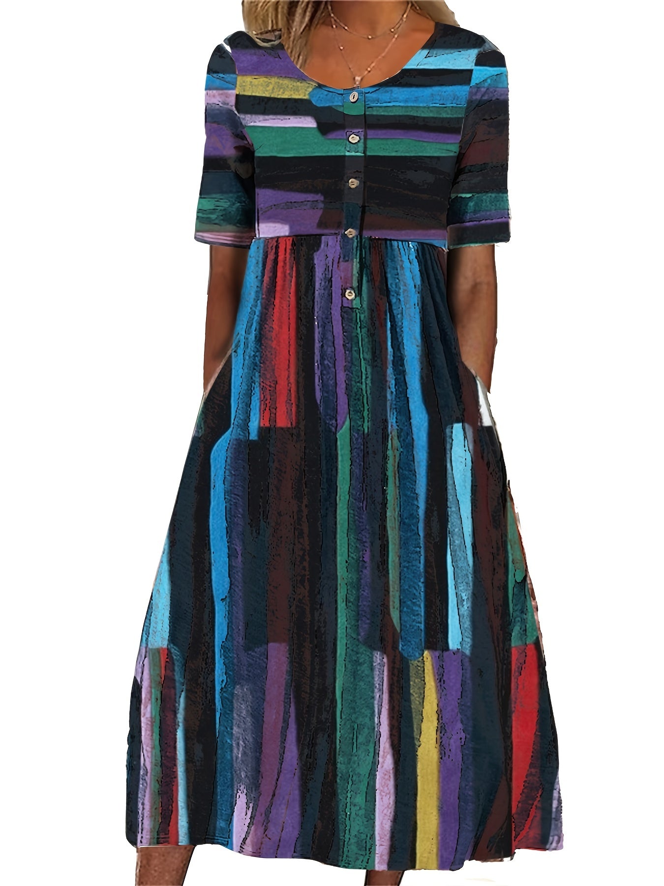 Button Decor Dress Short Sleeve Crew Neck Dress