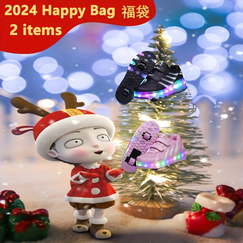 Girl's LED Light Up Roller Shoes Hook & Loop Fastener Skate Sneakers