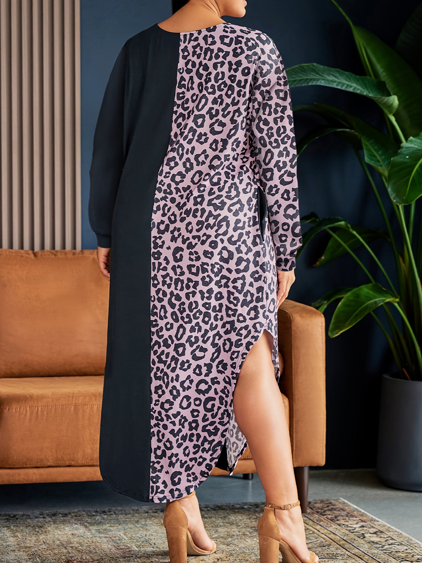  Colorblock Leopard Print Maxi Dress With Pockets