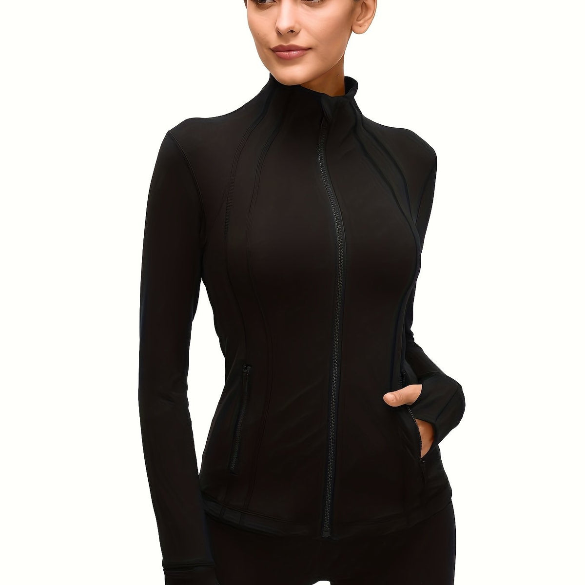 Sporty Long Sleeve Turtle Neck Workout Jacket with Zip Pockets