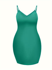 Casual Cami Dress Women's Plus Plain Backless V Neck Slight Stretch