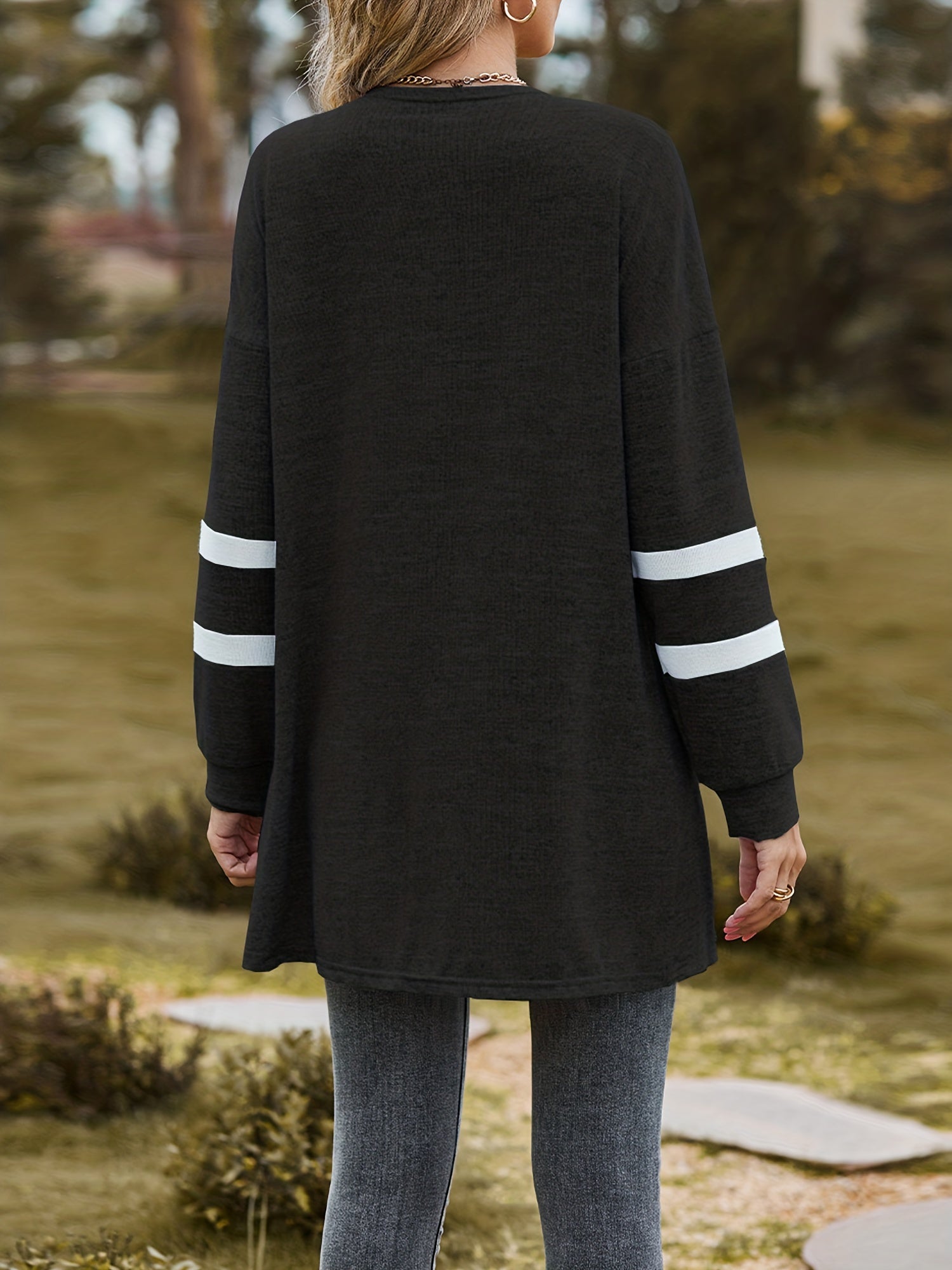  Stripe Print Long Sleeve Open Front Longline Cardigan