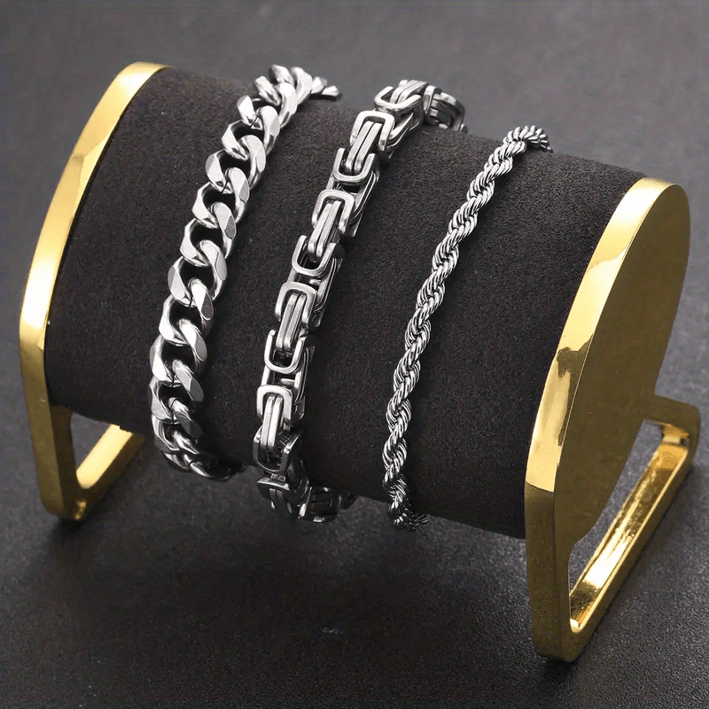 3pcs Silvery Stainless Steel Minimalist Cuban Chain Bracelet Set