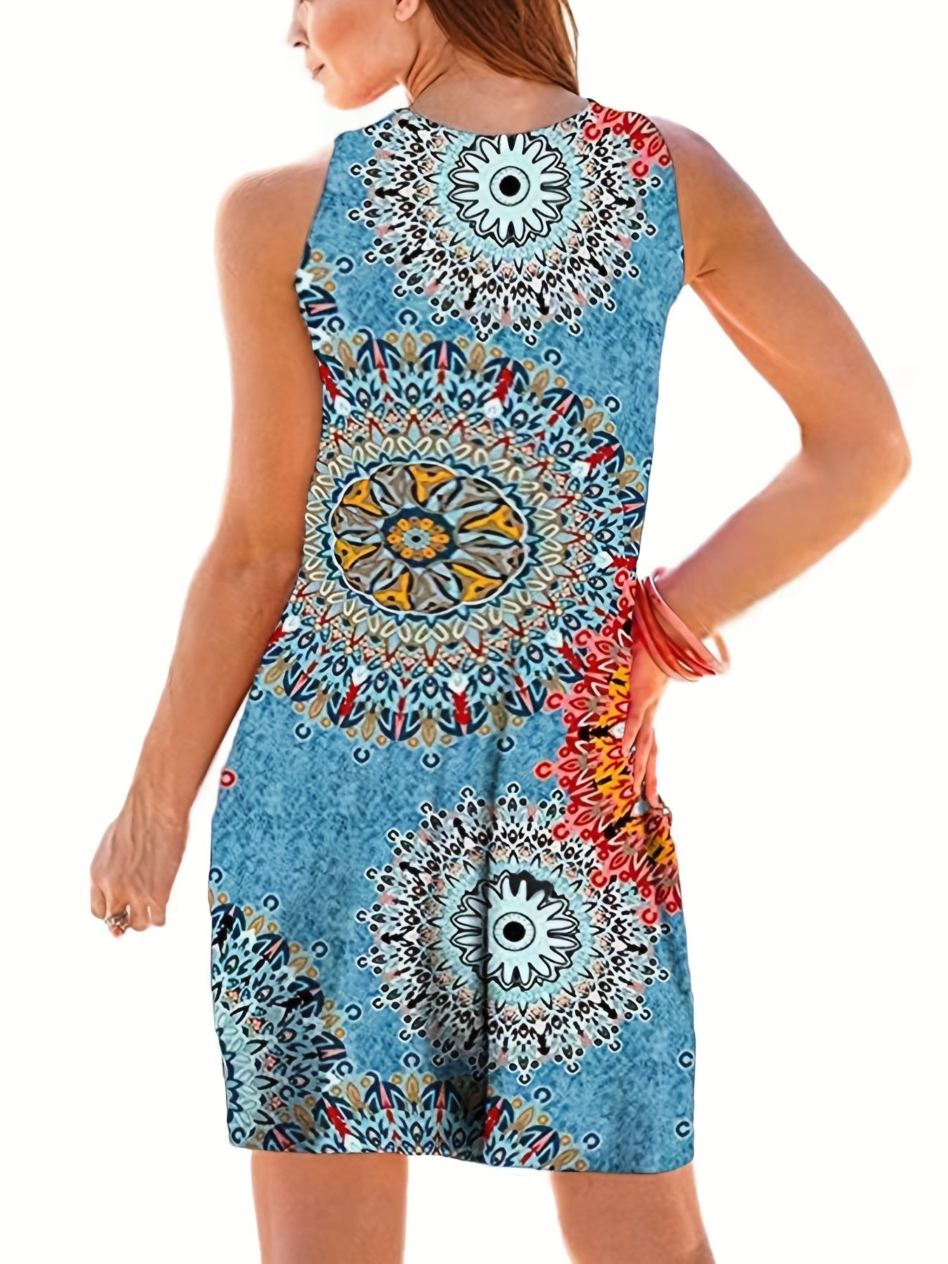  Tile Print V Neck Stretch Maxi Dress