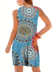  Tile Print V Neck Stretch Maxi Dress