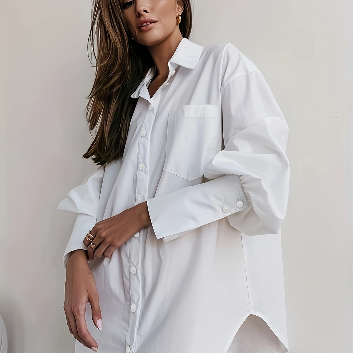  Lantern Sleeve Button Up Collar Tunic Shirt Top
