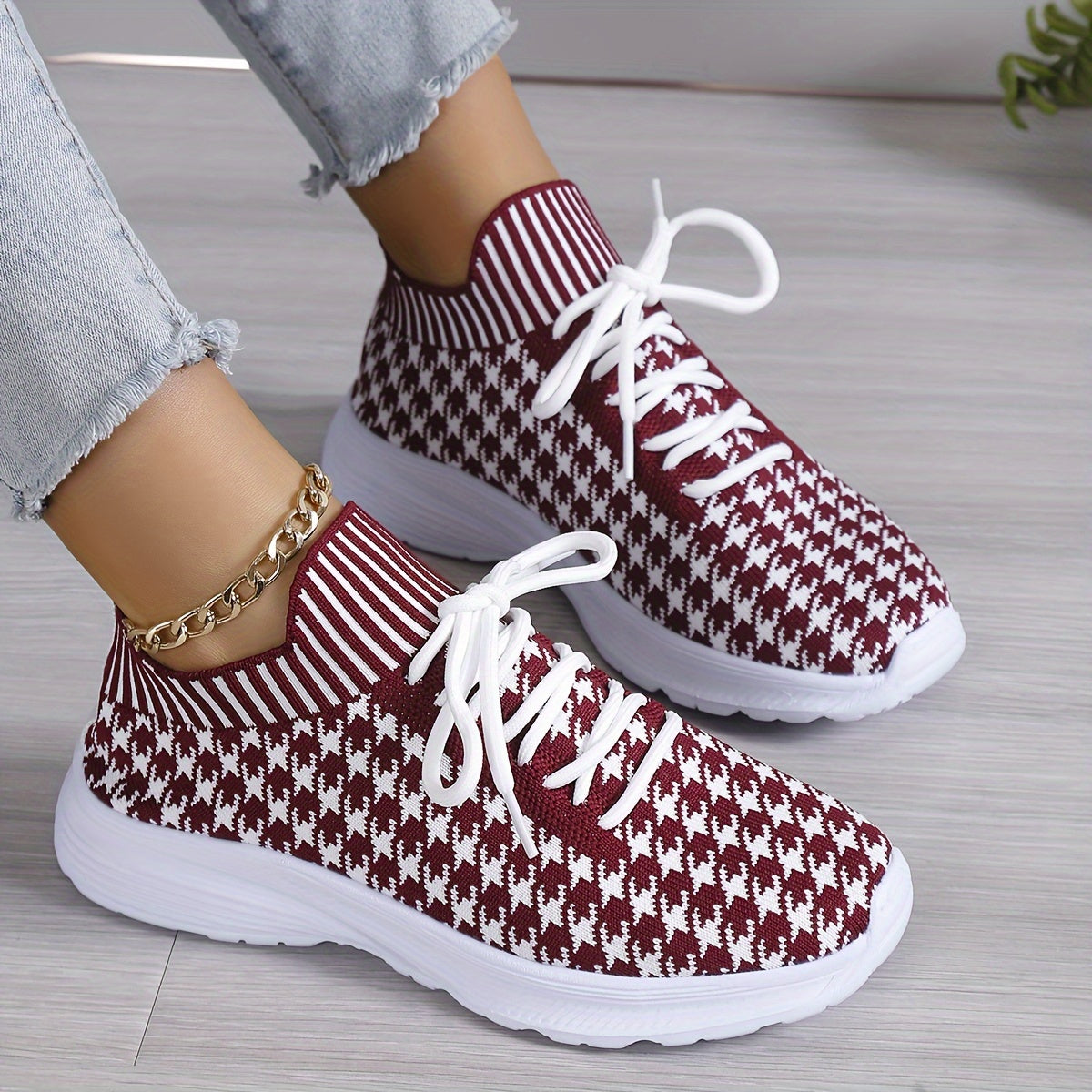 Women's Houndstooth Lace-up Sneakers Lightweight Sports Outdoor Shoes