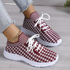 Women's Houndstooth Lace-up Sneakers Lightweight Sports Outdoor Shoes