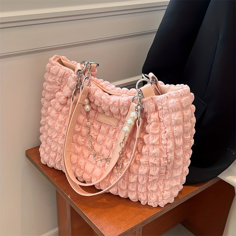 Pleated Bubbles Pearl Tote Bag Nylon Lightweight Shoulder Bag
