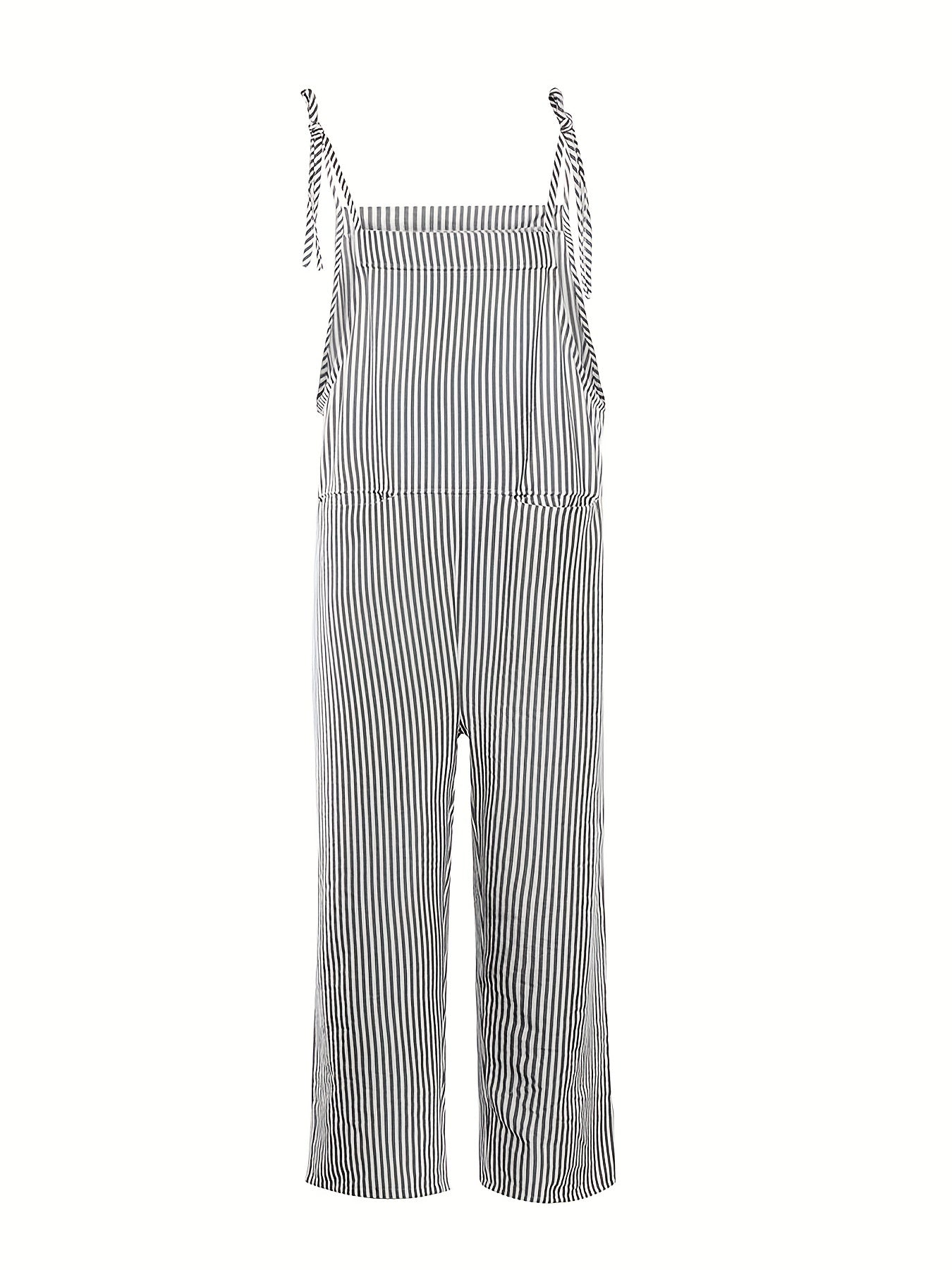 Striped Wide Leg Jumpsuit Dual Pockets Sleeveless Women's Clothing