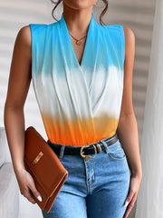 Colorblock Print Ruched Tank Top V Neck Sleeveless Summer Casual Top