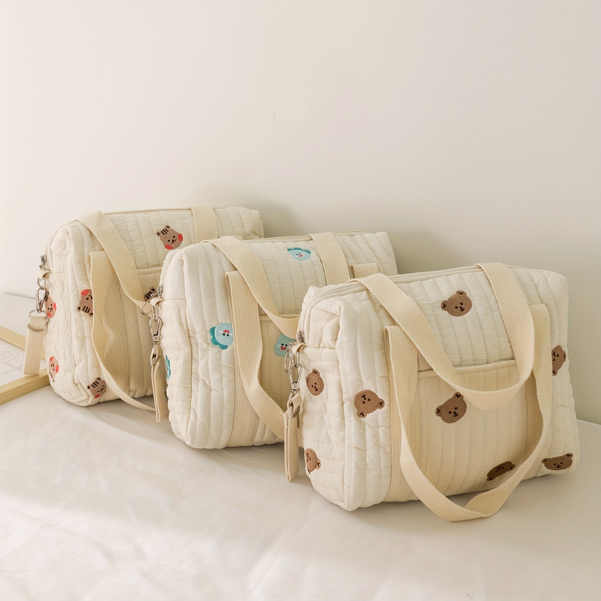 Beige Diaper Bag Cotton Fabric Zipper Large Travel Stroller Organizer