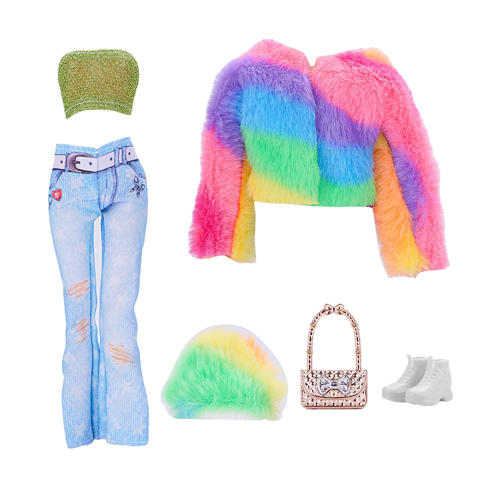Doll Clothes Set: Faux Fur Coat, Denim Jeans, Accessories