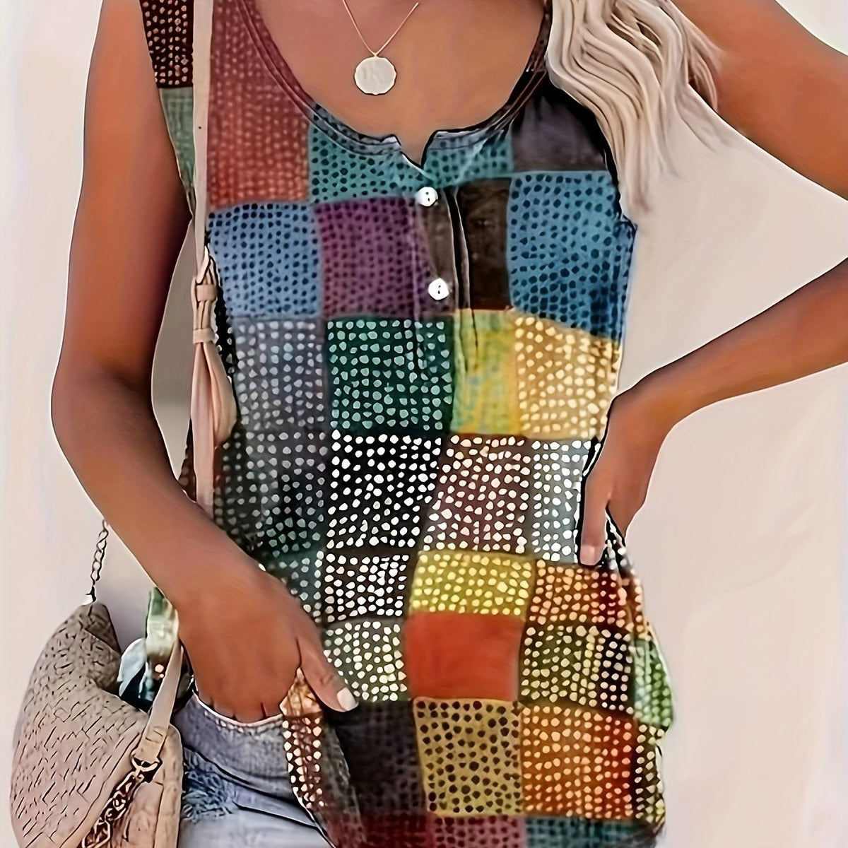 Patchwork Print Button Detail Round Neck Tank Top