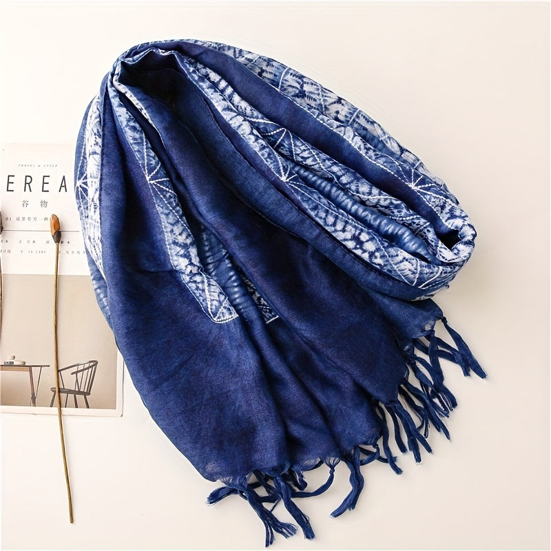 Geometric Print Scarf Vintage Tie Dye Tassel Shawl Boho Hijab Women