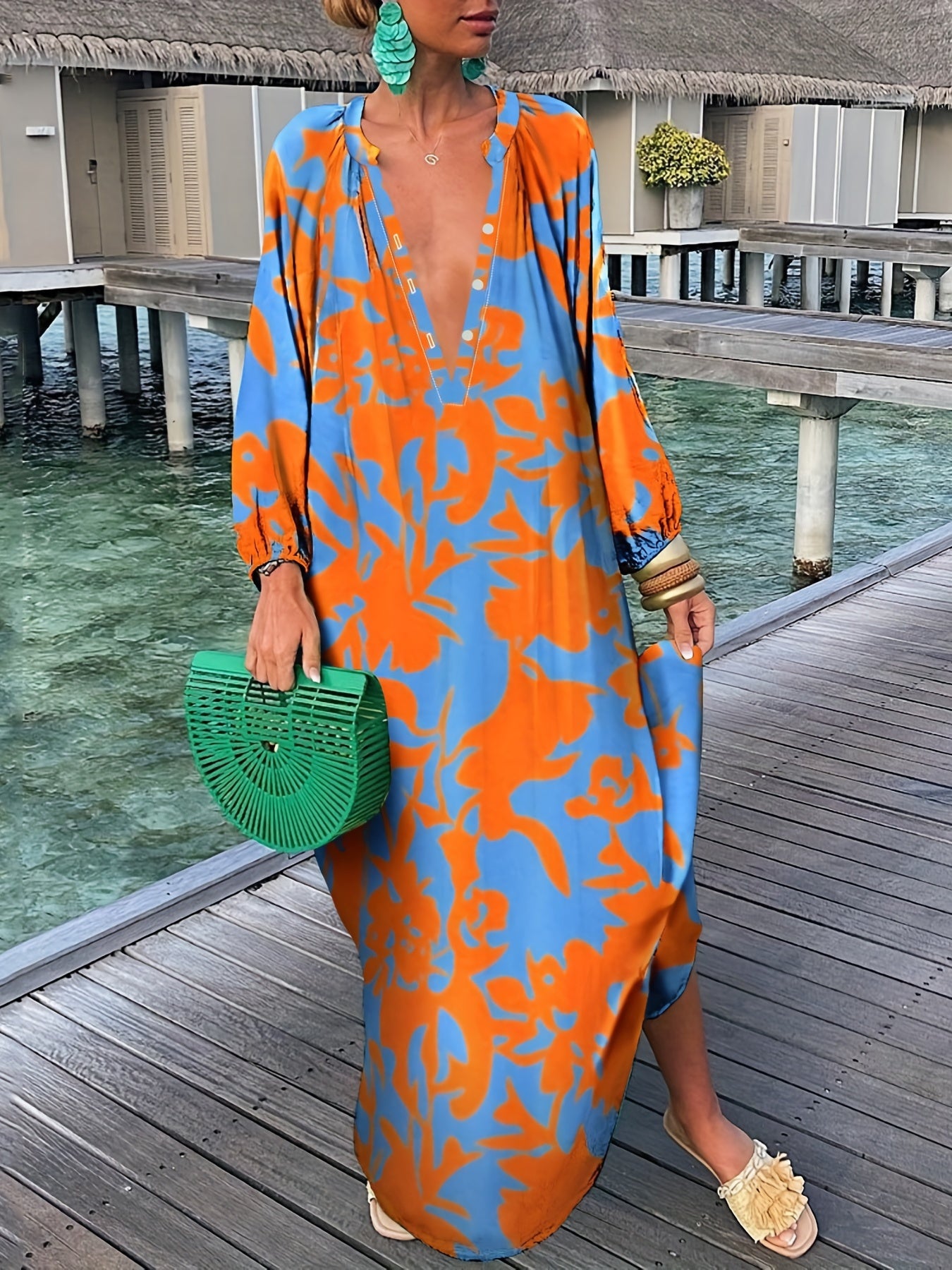 Graphic Print Long Sleeve Maxi Dress Women's Clothing