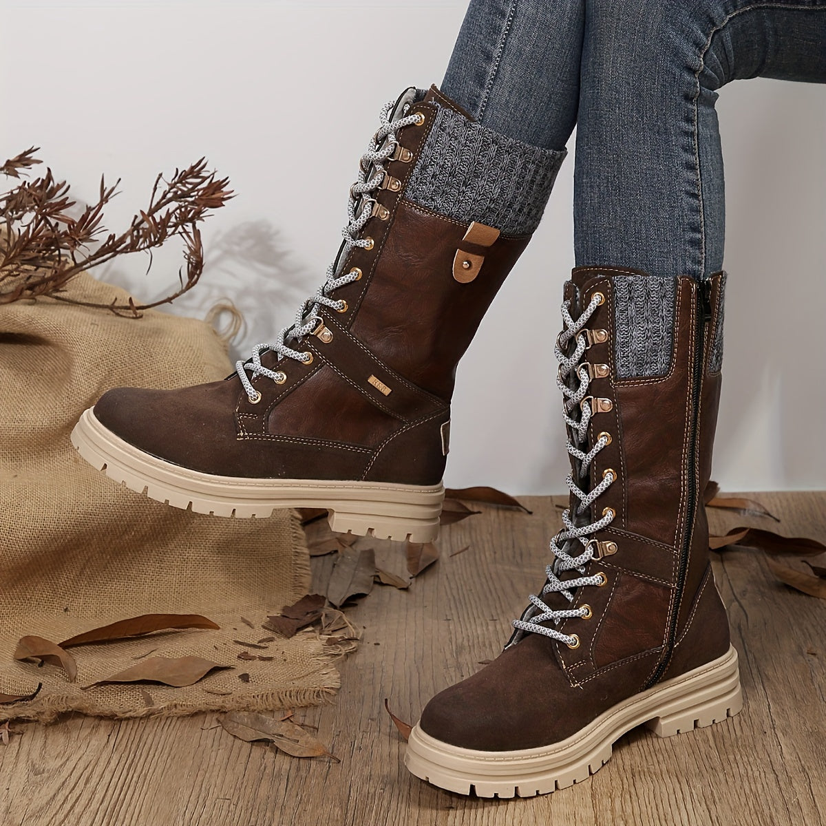Faux Leather Snow Boots Flat Lace Up Mid Calf Winter Boots