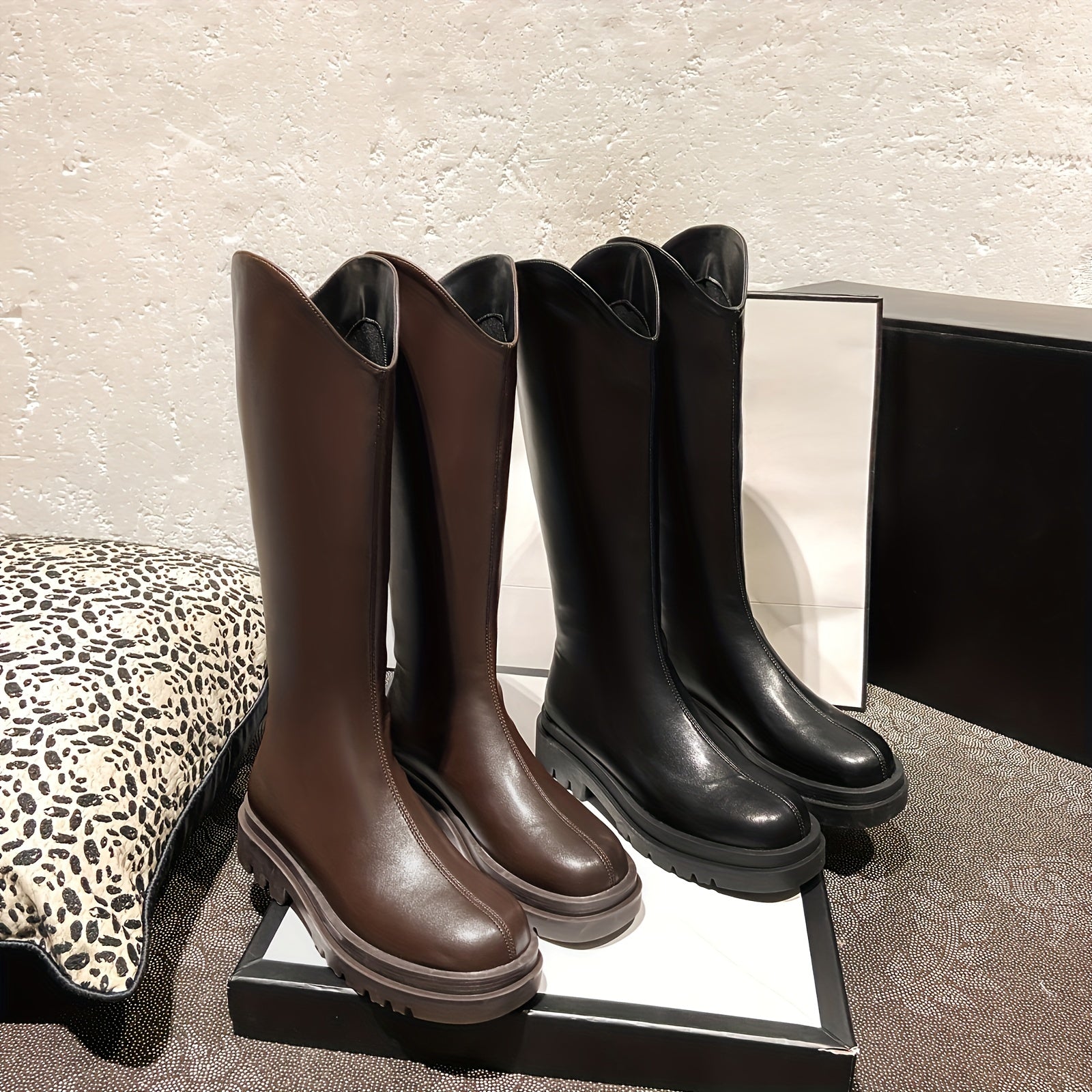 Women's Platform Knee High Boots Solid Round Toe Back Zip Long Boots