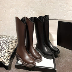Women's Platform Knee High Boots Solid Round Toe Back Zip Long Boots
