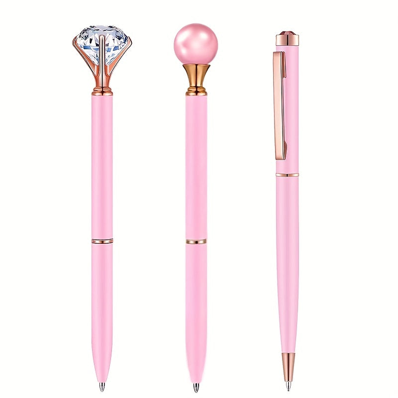 8pcs Pink Ballpoint Pen Set Crystal Diamond Fancy Pens Retractable Ink