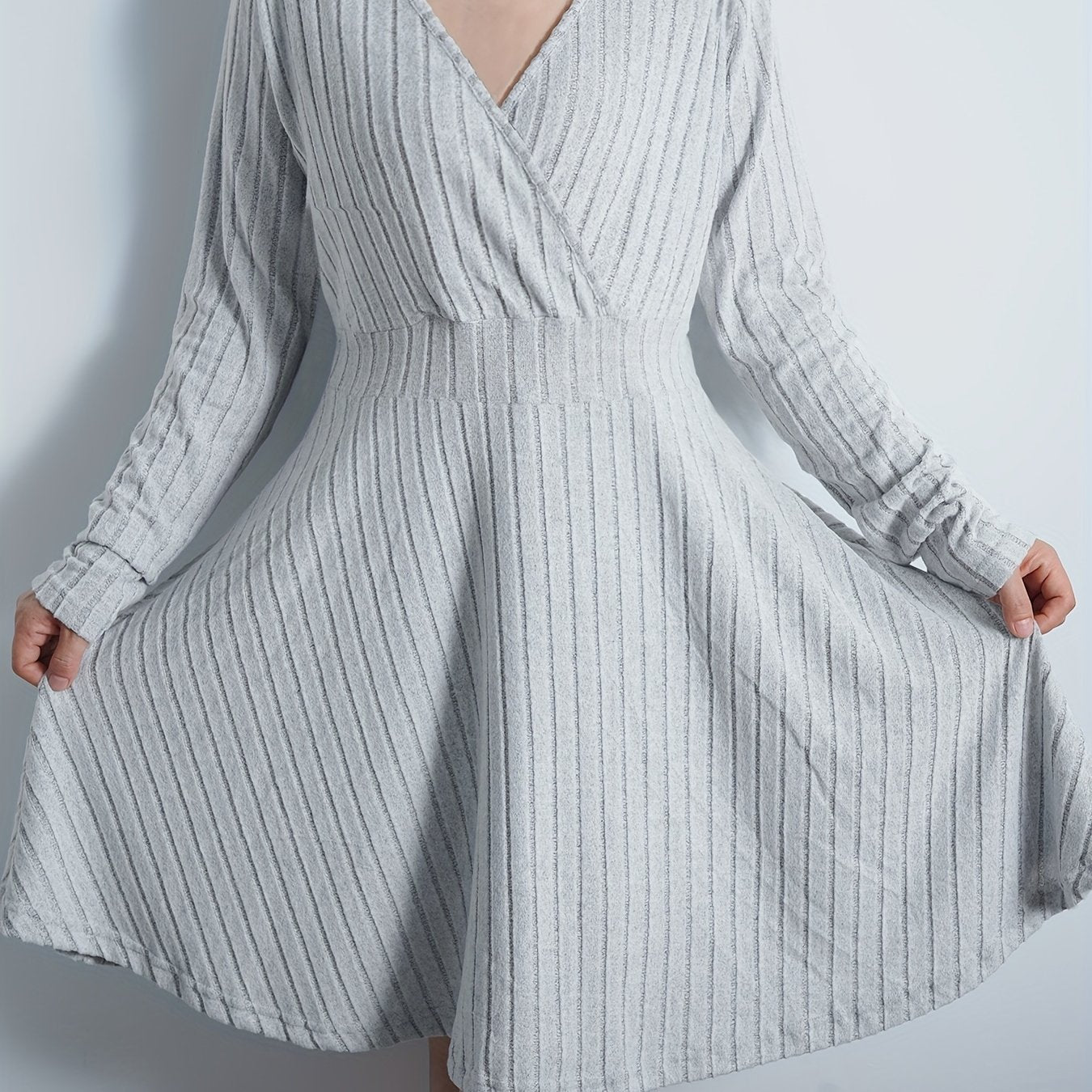  Solid Long Sleeve Surplice Neck Ribbed Knit Sweater Dress
